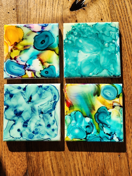 Hand Crafted Other - Ceramic Tile Coasters Abstract Resin Home Art Teal & Multicolor - Set of 4